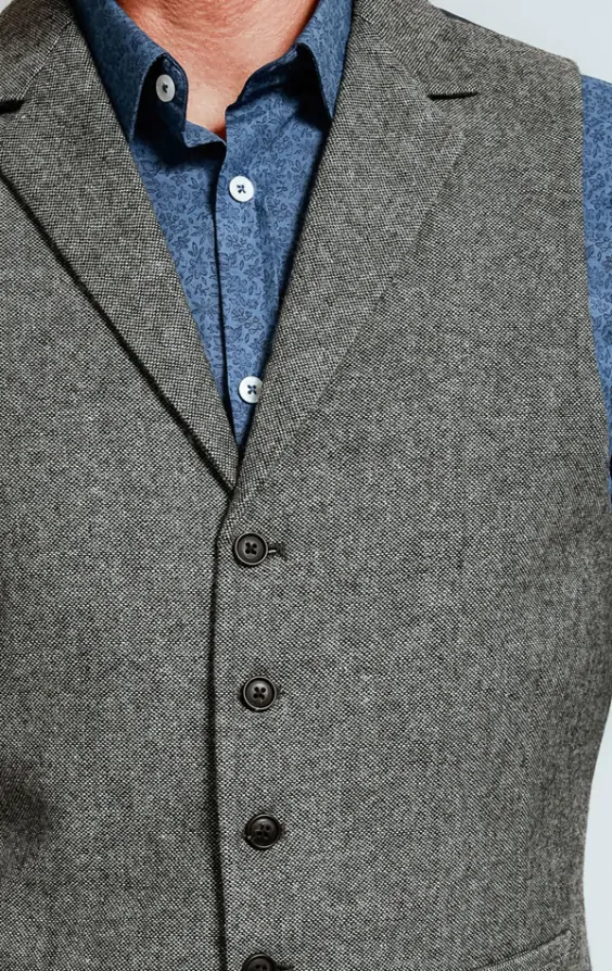 Dobell Light Grey Donegal Tweed Waistcoat with Notch Lapel