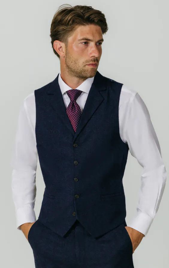 Navy Donegal Tweed Waistcoat with Notch Lapel Navy Donegal Tweed Waistcoat with Notch Lapel
