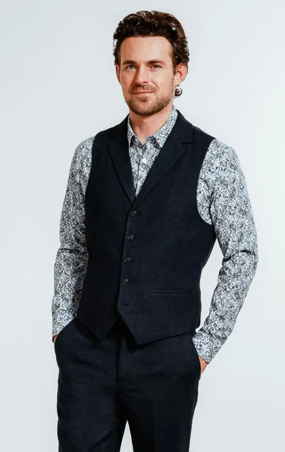 Dobell Navy Donegal Tweed Waistcoat with Notch Lapel Dobell