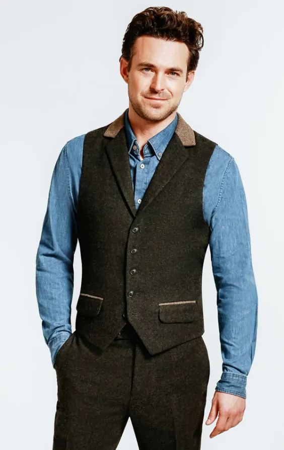 Dobell Dark Green Donegal Tweed Slim Fit Waistcoat with Oatmeal Trim Notch Lapel Dobell