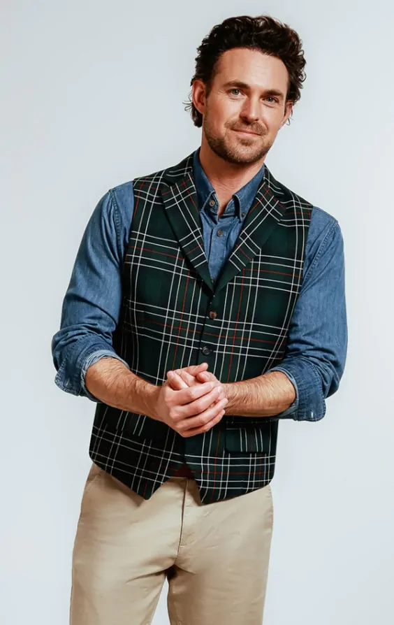 Dobell Green Blue Tartan Check Waistcoat with Notch Lapel