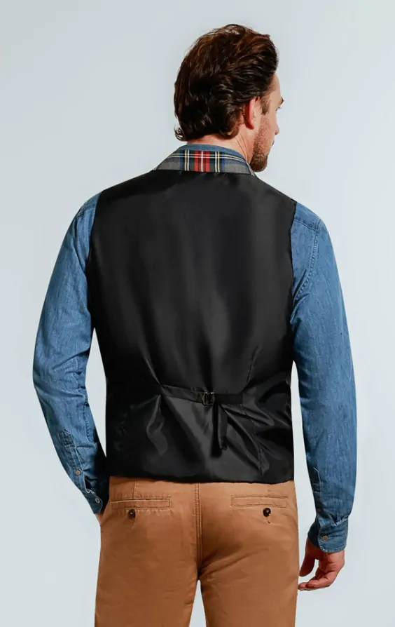 Dobell Grey Tartan Check Waistcoat with Notch Lapel