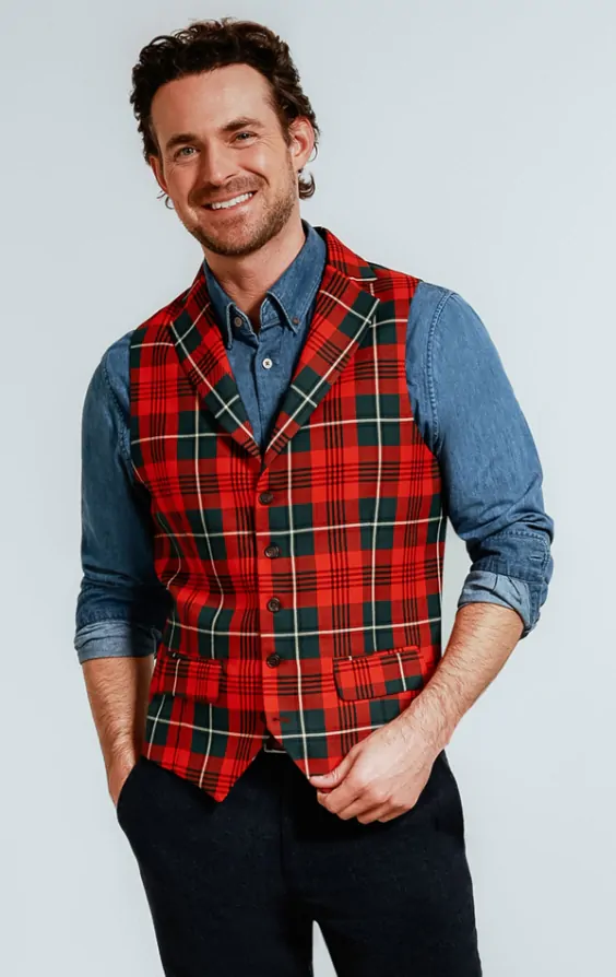 Dobell Red Green Tartan Check Waistcoat with Notch Lapel Dobell