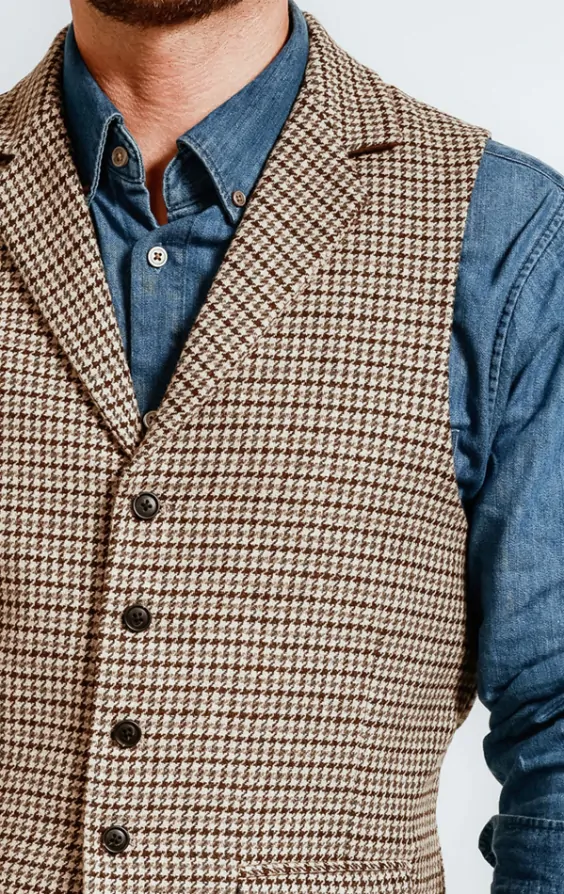 Dobell Brown Green Dogtooth Tweed Waistcoat with Notch Lapel Dobell