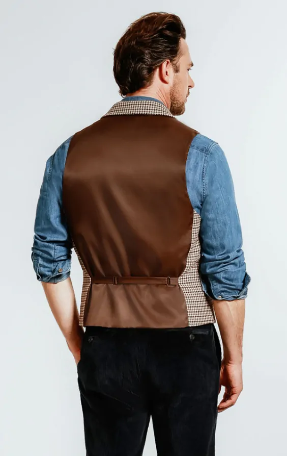 Dobell Brown Green Dogtooth Tweed Waistcoat with Notch Lapel Dobell