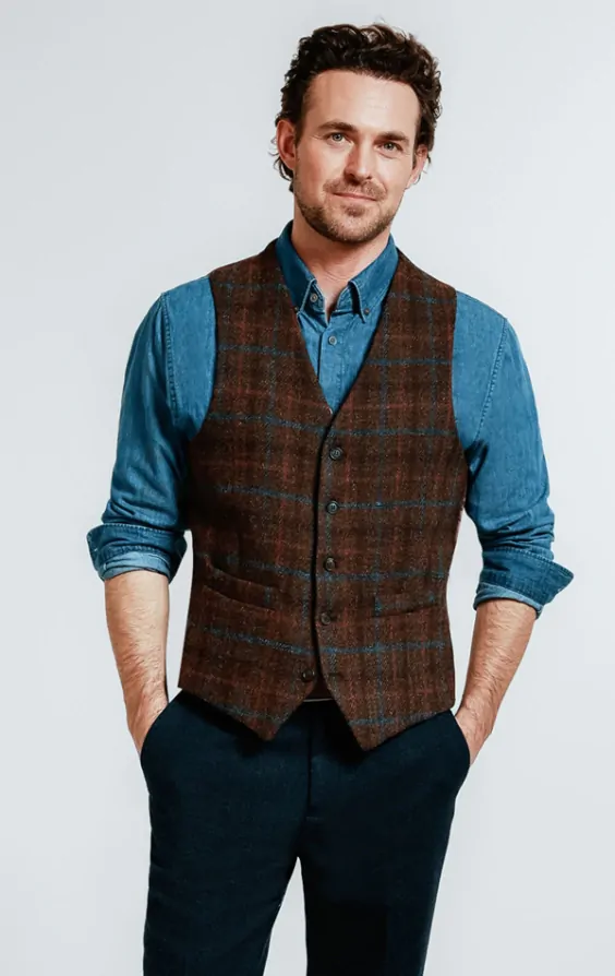 Harris Tweed Dark Brown Check Tweed Waistcoat Dobell