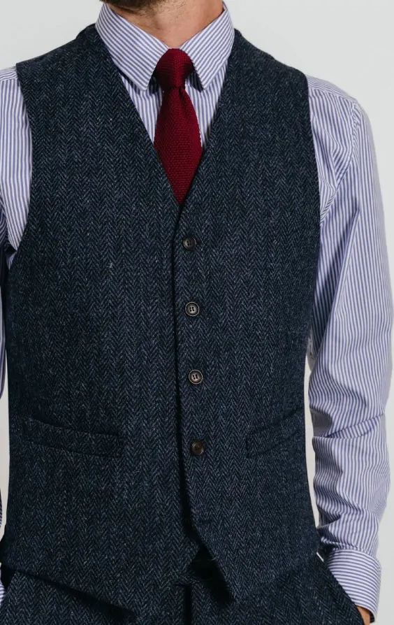 Harris Tweed Blue & Black Herringbone Waistcoat thumbnail 2