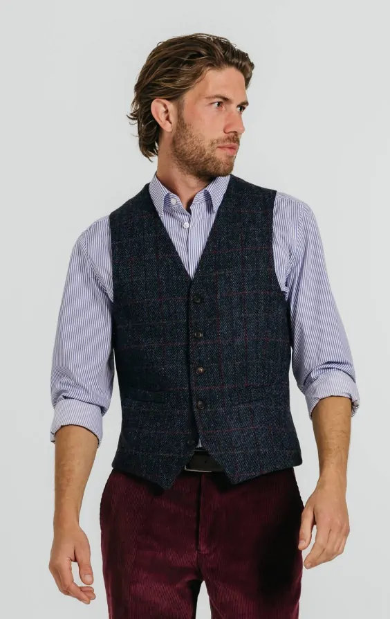 Harris Tweed Dark Blue Windowpane Check Tweed Waistcoat primary image