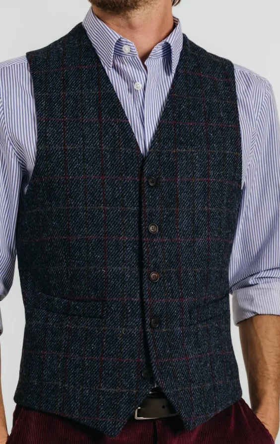 Harris Tweed Dark Blue Windowpane Check Tweed Waistcoat thumbnail 2
