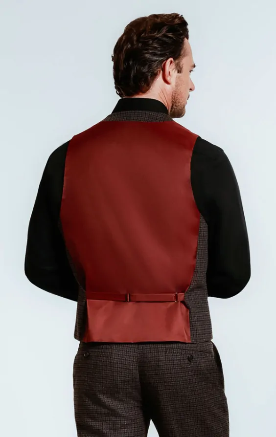 Dobell Burgundy Grey Gingham Check Tweed Waistcoat Dobell