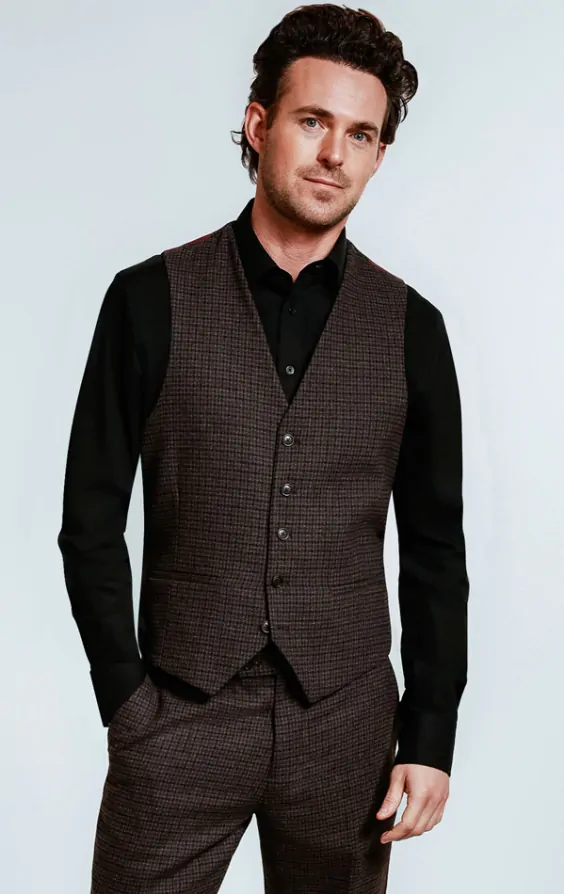 Dobell Burgundy Grey Gingham Check Tweed Waistcoat Dobell