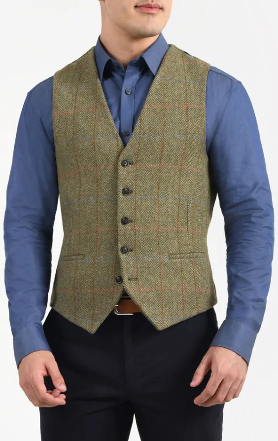 Dobell Green Windowpane Check Wool Blend Tweed Waistcoat | Dobell