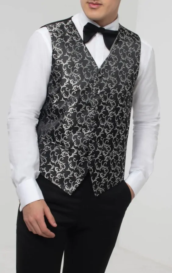 Dobell Black Silver Edwardian Swirl Jacquard Waistcoat