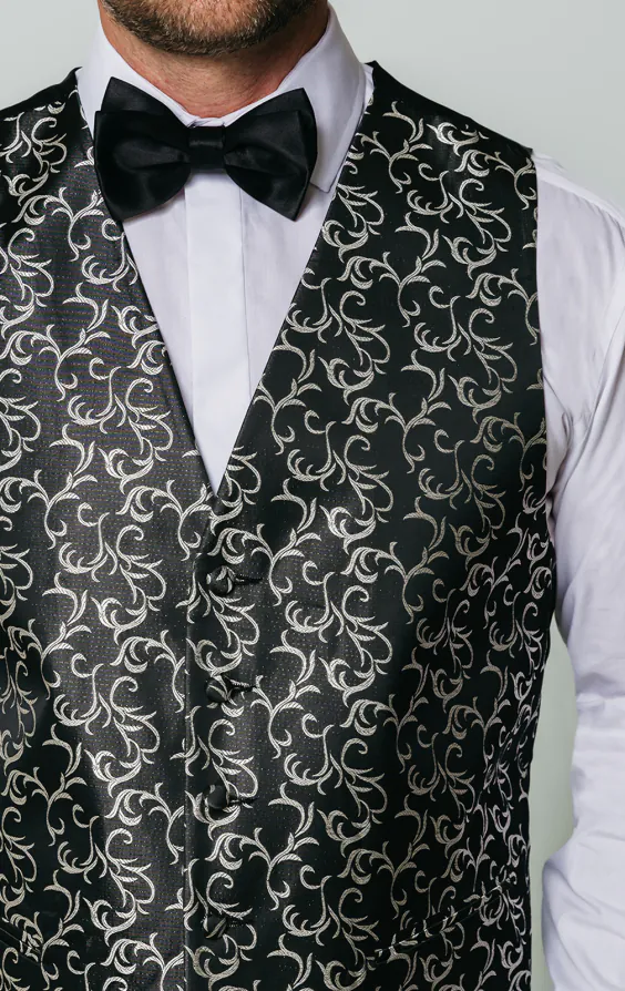 Black/Silver Edwardian Swirl Jacquard Waistcoat - photo 1