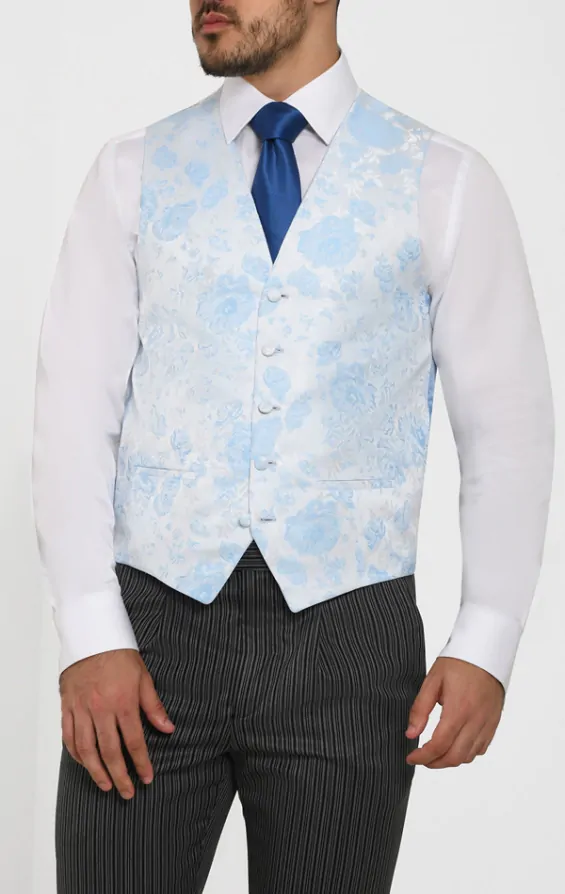 Dobell Light Blue Floral Jacquard Waistcoat