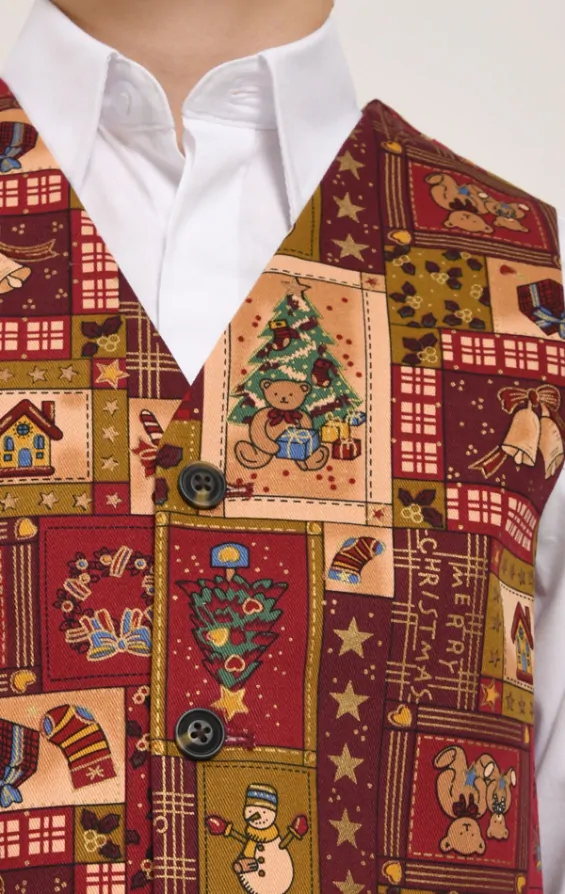 Dobell Boys Red Vintage Christmas Print Waistcoat