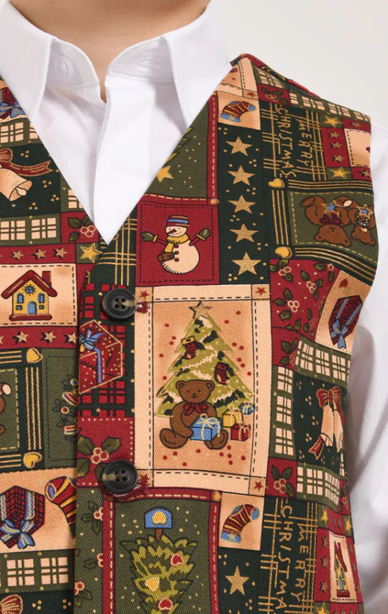Boys Green Vintage Christmas Print Waistcoat - photo 1