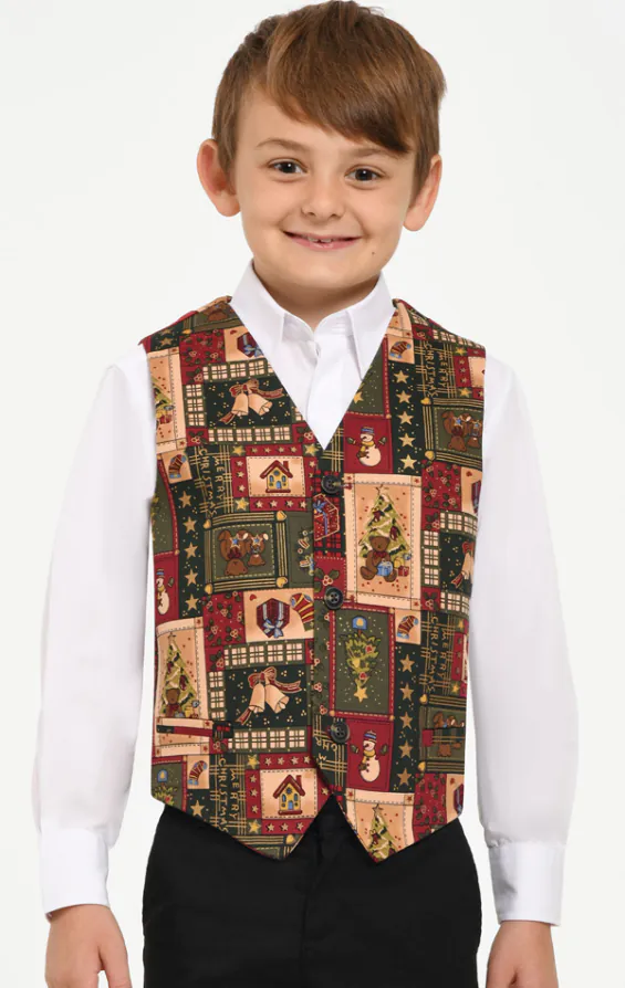 Boys Green Vintage Christmas Print Waistcoat