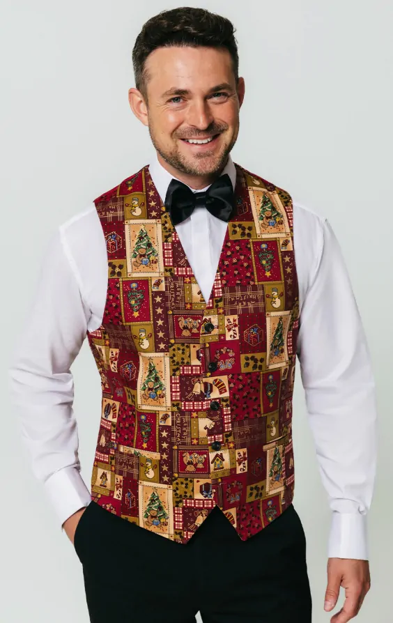 Dobell Red Vintage Christmas Print Waistcoat Limited Edition