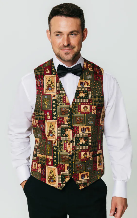 Green Vintage Christmas Print Waistcoat - Limited Edition Green Vintage Christmas Print Waistcoat - Limited Edition