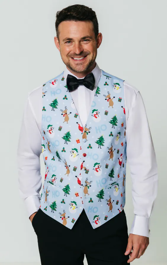 Festive Pale Blue Snowy Christmas Waistcoat