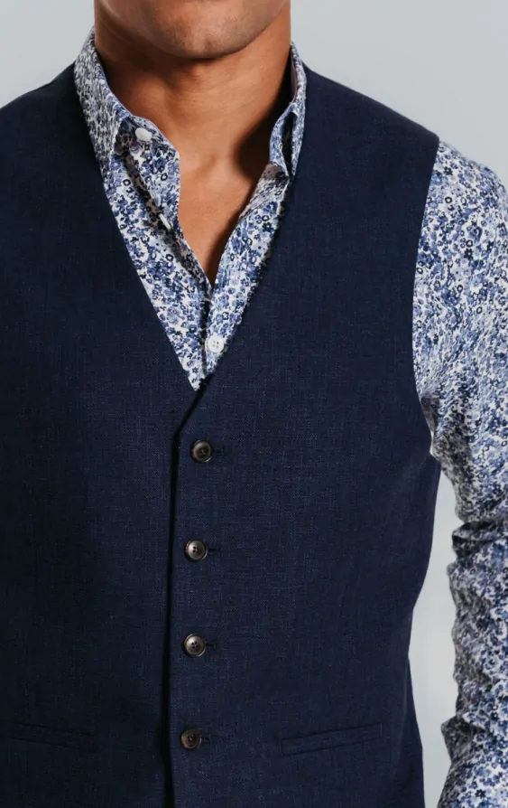 Navy Linen Waistcoat thumbnail 2
