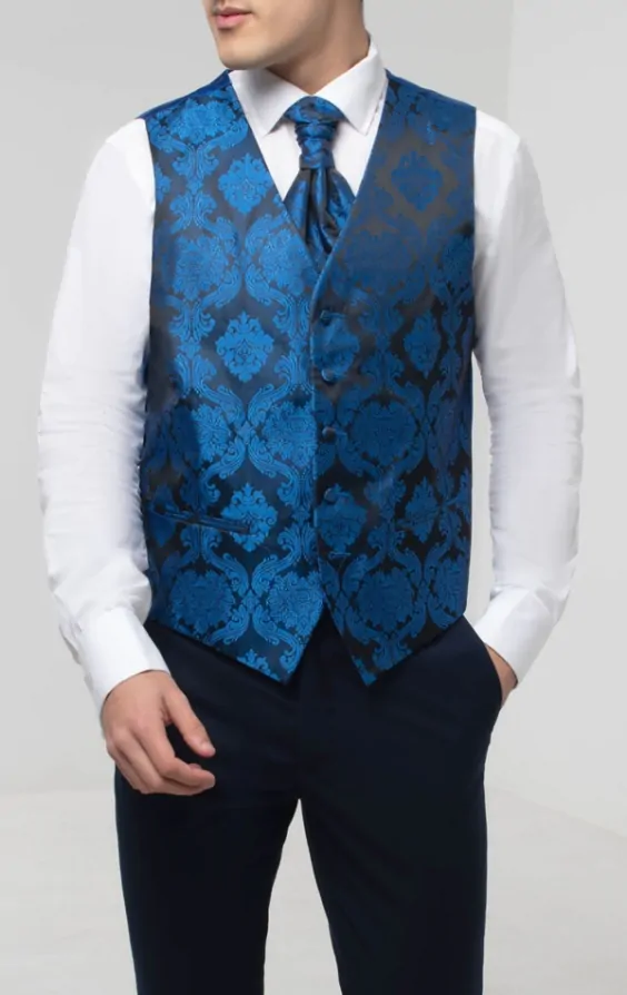 Dobell Blue Victorian Jacquard Waistcoat Dobell