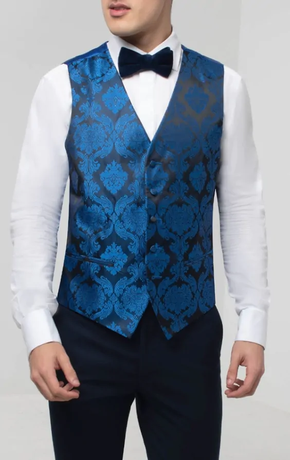 Dobell Blue Victorian Jacquard Waistcoat Dobell