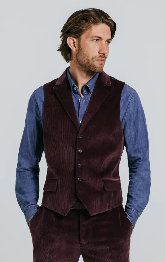 Burgundy Corduroy Waistcoat with Notch Lapel Burgundy Corduroy Waistcoat with Notch Lapel