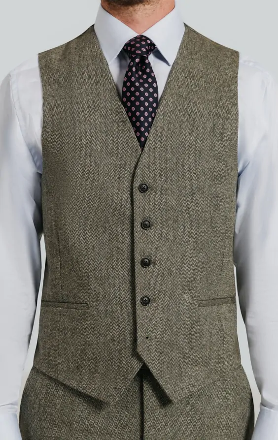 Sage Green Herringbone Tweed Waistcoat thumbnail 2
