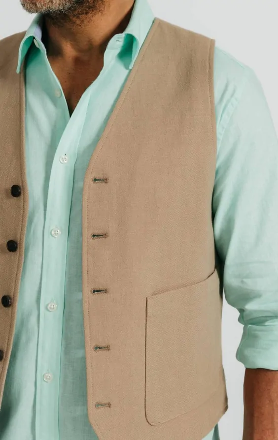 Tan Linen Twill Waistcoat thumbnail 3