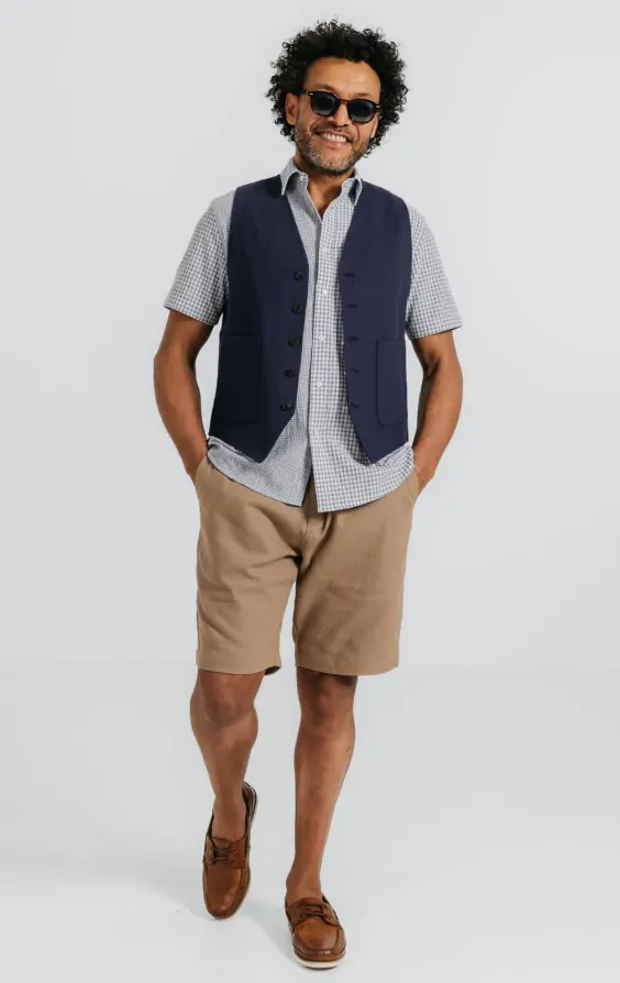 Navy Linen Twill Waistcoat thumbnail 2