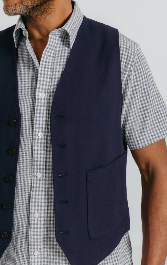 Navy Linen Twill Waistcoat thumbnail 3