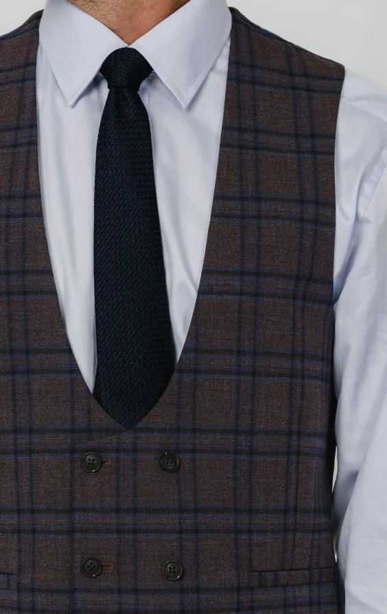 Burgundy with Blue Windowpane Check Double Breasted Waistcoat thumbnail 2