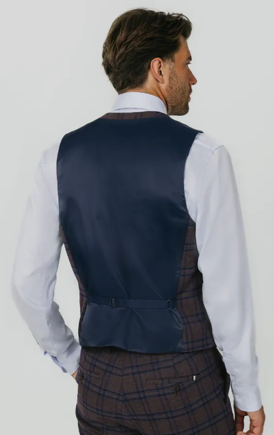 Burgundy with Blue Windowpane Check Double Breasted Waistcoat thumbnail 3