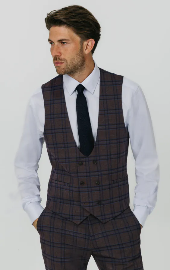 Burgundy with Blue Windowpane Check 3 Piece Suit thumbnail 8