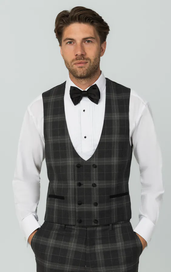 Grey Tartan Check 3 Piece Tuxedo with Peak Lapel thumbnail 9