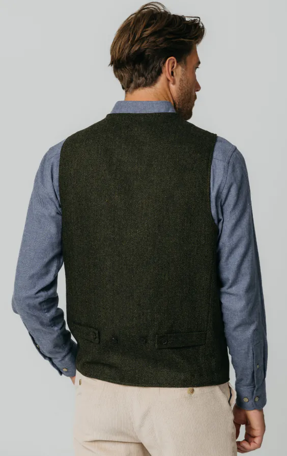 Green Herringbone Tweed Waistcoat with Patch Pockets thumbnail 4