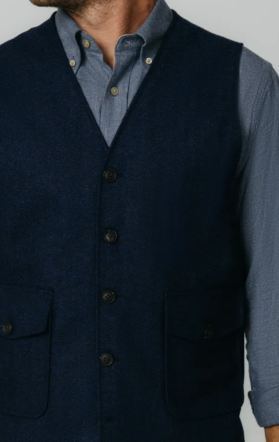 Navy Herringbone Tweed Waistcoat with Patch Pockets thumbnail 3