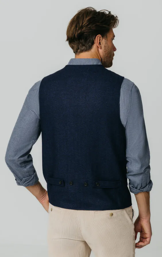 Navy Herringbone Tweed Waistcoat with Patch Pockets thumbnail 4