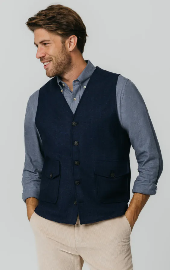 Navy Herringbone Tweed Waistcoat with Patch Pockets primary image