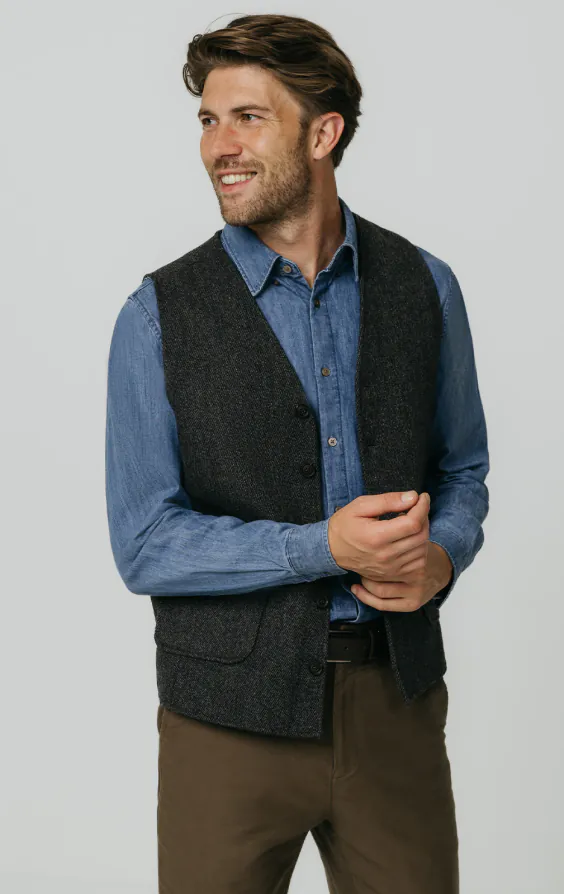 Grey Barleycorn Tweed Waistcoat with Patch Pockets thumbnail 3