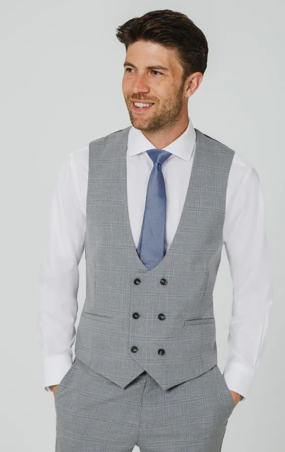 Light Grey & Blue Check Waistcoat