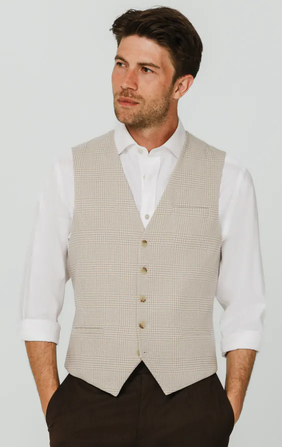 Beige Prince of Wales Check Waistcoat