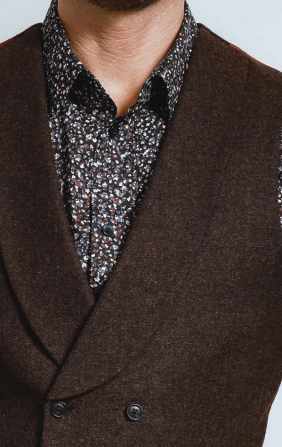 Dobell Burgundy Donegal Tweed Double Breasted Waistcoat with Shawl Lapel Dobell