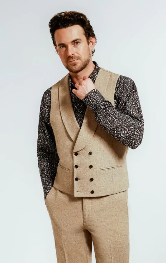 Dobell Fawn Donegal Tweed Double Breasted Waistcoat with Shawl Lapel Dobell