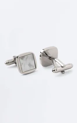 Silver Coloured Square Cufflinks with Mother of Pearl Inset