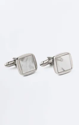 Silver Coloured Square Cufflinks with Mother of Pearl Inset
