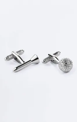 Silver Coloured Golf Ball and Tee Cufflinks