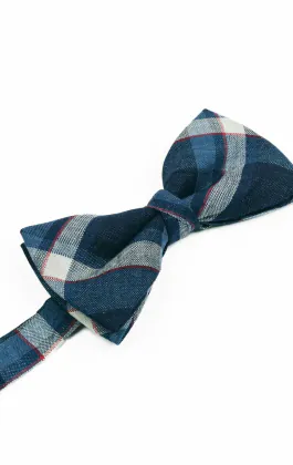 Blue Bold Check Linen Bow Tie